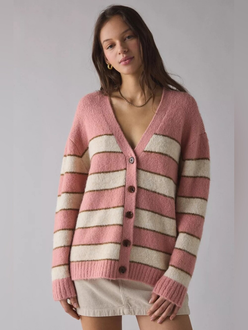 Striped Pink and Cream Button-Front V-Neck Sweater Size Small